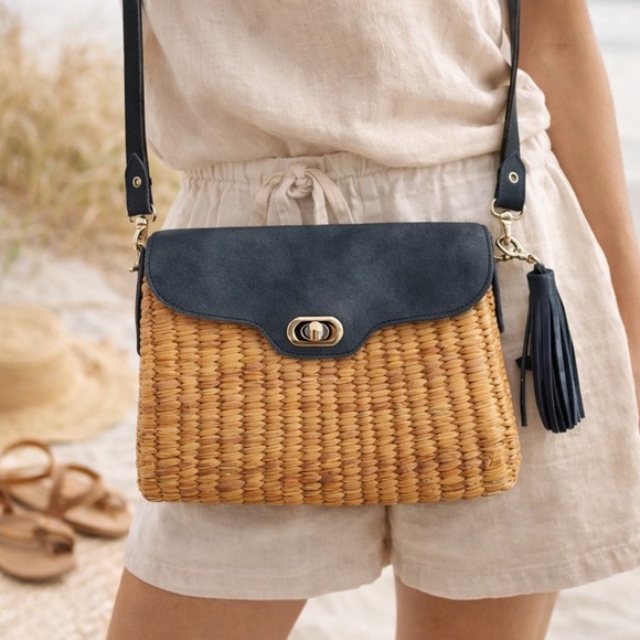 Sea & Grass Handbags - Straw Crossbody Bag Woven Basket Purse Boho Beach Navy Leather Tassel